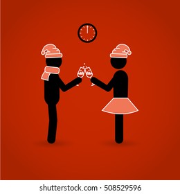 Vector illustration on the red background. Two stick figures. Man and woman celebrate new year or christmas