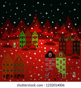 Vector illustration. Illustration on red, black and orange colors. Vector cartoon drawing of Christmas suburban houses with making a snowman.