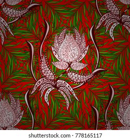 Vector illustration. On red, green and neutral colors. Seamless pattern in vintage style with bouquets of flowers.