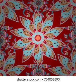 Vector illustration. On red, neutral and blue colors. 3d flowers, seamless.