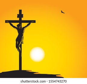 Vector illustration on religion theme with the mountain Calvary and the crucifixion. Cross with crucified Jesus Christ at sunset. Religious banner with the biblical story for Easter or Good Friday