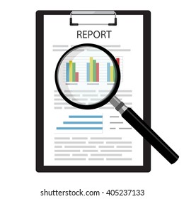Vector illustration on report, business report with graphs on black clipboard and magnifying glass.  Report icon. Search symbol