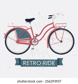 Vector illustration on retro ride with vintage bicycle with dress guard, front and rear racks. Dust and scratches texture on separate layers