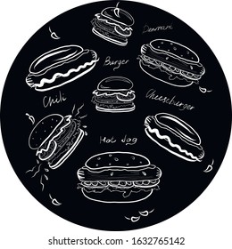 vector illustration on a round black background with the image of hot dogs and hamburgers