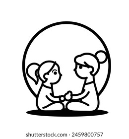 Vector illustration on a rounded background with gentle silhouettes of a mother and daughter sitting next to each other and holding hands. Their contours are filled with comfort.  