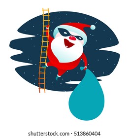 Vector illustration on Santa Claus masked superhero. Falling snowflakes. Bag with gifts and stockings. New Year, Christmas, Merry Christmas. Card, stickers, poster. Isolated on a white background