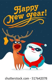 Vector illustration on Santa Claus masked superhero. Falling snowflakes. Bag with gifts and stockings. New Year, Christmas, Merry Christmas. Card, stickers, poster. Isolated on a white background