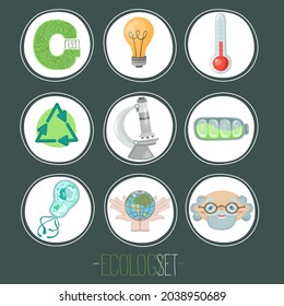 Vector illustration on a scientific theme - character professor, microscope, globe in hands, bacteria. Banner in cartoon flat style for environmental protection advertising and print.