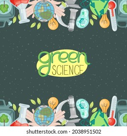 Vector illustration on a scientific theme - lettering about ecology and two seamless borders with a globe, a microscope and a bacterium. Banner in cartoon flat style about environmental protection.