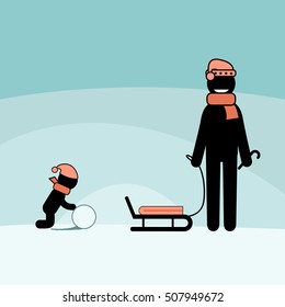 Vector illustration on the snow fields background. Two stick figures. Child is rolling snow ball and smiling man is holding sled