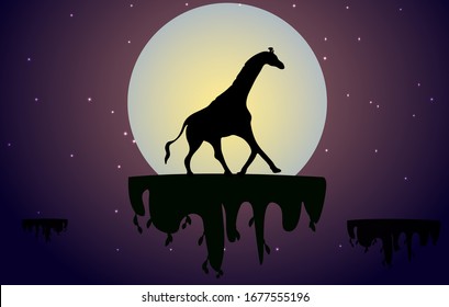 Ilustración vectorial en las islas en ascenso en el cielo nocturno con estrellas. Girafa sobre el fondo de la luna grande.Puede ser usado para viajes o banner, diseño de afiches, escritorio.