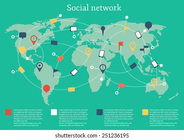 Vector illustration on social network theme with map icons