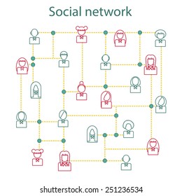 Vector illustration on social network theme with thin people icons