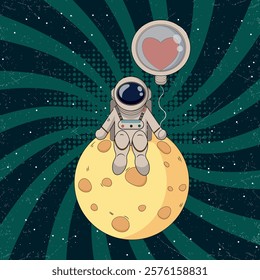 Vector illustration on a space theme in retro style. An astronaut flies on the moon. Ball in the shape of a heart. Banner, poster.