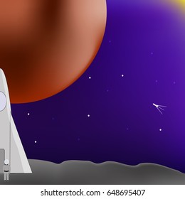 Vector illustration on a space theme. On one of the moons of Mars landed a spaceship, flew from Earth. Out of it came the astronaut and looks at the Sun and the research shuttle flying in the distance