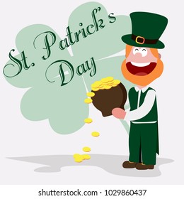 Vector illustration on St. Patrick's day. Leprechaun with a pot of gold.