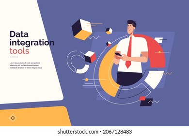 Vector illustration on the subject of data gathering, business intelligence, digital solutions. Editable stroke.