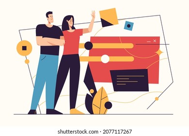 Vector illustration on the subject of data gathering, business intelligence, digital solutions. Editable stroke.