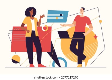Vector illustration on the subject of data gathering, business intelligence, digital solutions. Editable stroke.