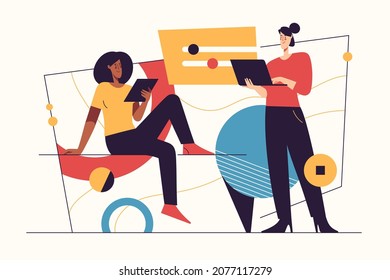 Vector illustration on the subject of data gathering, business intelligence, digital solutions. Editable stroke.