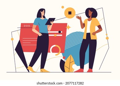 Vector illustration on the subject of data gathering, business intelligence, digital solutions. Editable stroke.