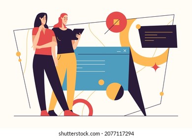 Vector illustration on the subject of data gathering, business intelligence, digital solutions. Editable stroke.