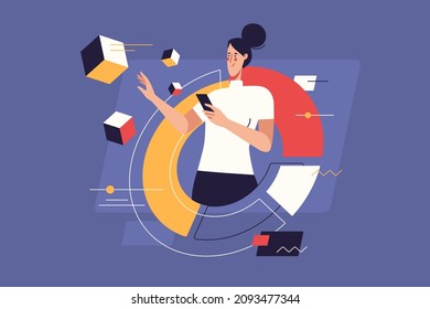 Vector illustration on the subject of data gathering, business intelligence, digital solutions. Editable stroke.