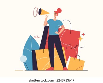 Ilustración vectorial sobre el tema del comercio electrónico, venta, promociones, compras en línea.