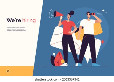 Vector illustration on the subject of hiring, new employees recruiting, announcement and promotion. Editable stroke.