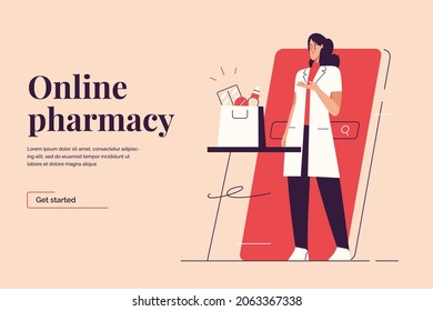 Ilustración vectorial sobre el tema de la farmacia en línea, pedidos de medicamentos a través del smartphone. Trazo editable.