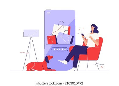 Vector illustration on the subject of online shopping, goods rating, postive feedback. Editable stroke.