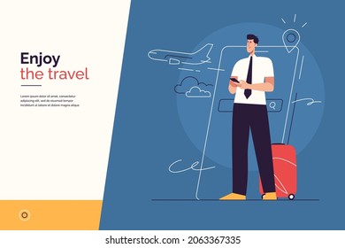 Vector illustration on the subject of traveling, searching and purchasing of plane tickets, online flight booking via smartphone. Editable stroke.