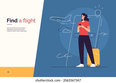 Vector illustration on the subject of traveling, searching and purchasing of plane tickets, online flight booking via smartphone. Editable stroke.