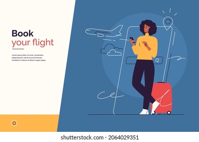 Vector illustration on the subject of traveling, searching and purchasing of plane tickets, online flight booking via smartphone. Editable stroke.