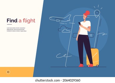 Vector illustration on the subject of traveling, searching and purchasing of plane tickets, online flight booking via smartphone. Editable stroke.