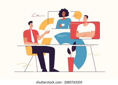 Vector illustration on the subject of video conference, online meeting, group discussion. Editable stroke.