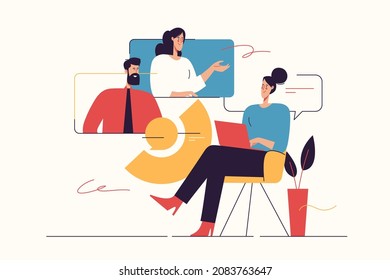 Vector illustration on the subject of video conference, online meeting, group discussion. Editable stroke.