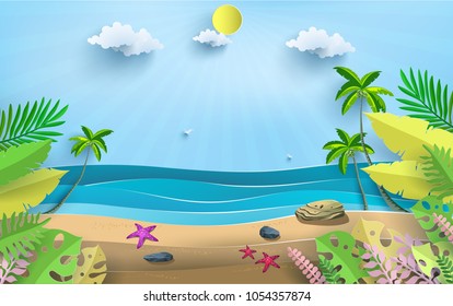 Vector illustration on a summer holiday. beautiful views of the beach. happy holiday with paper art style
