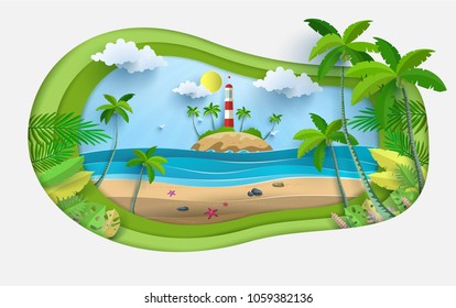 Vector illustration on a summer holiday. beautiful views of the beach. paper cut design