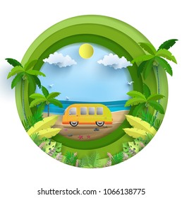 Vector illustration on a summer holiday. beautiful views of the beach. holidaying by car. paper art style