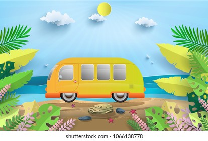 Vector illustration on a summer holiday. beautiful views of the beach. holidaying by car. paper art style