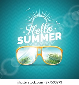 Vector illustration on a summer holiday theme with sunglasses on blue background. Eps 10 design.