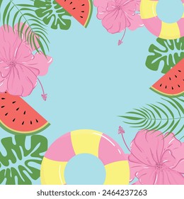 vector illustration on a summer theme, circle, flowers, watermelon, palm tree, leaves