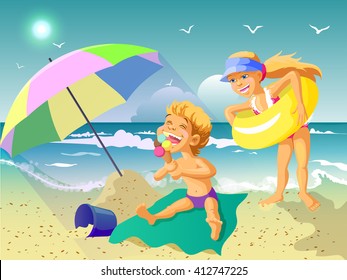 vector illustration. On a sunny beach children playing on the background of the sea, the sky, seagulls, sand, waves