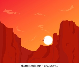 vector illustration on sunsent in the canyon. red rocks landscape