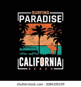 Vector illustration on surf and surfing in California, Sunset Beach, Vintage design. Grunge background. Typography, t-shirt graphics, print, poster, banner, flyer, postcard
