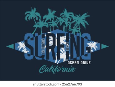 Vector illustration on surfing theme. California surf typography, t-shirt graphics, vectors, palm tree silhouette, surfing graphic. T-shirt printing