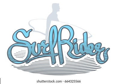 Vector illustration on the Surfing theme. Surf rider logo artwork. Stamp typography, t-shirt graphics, poster.