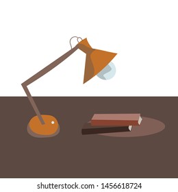 Vector illustration on the table is a lamp and two books isolated on white background. In cartoon style.