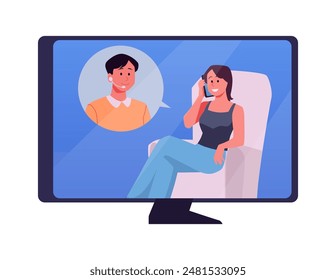 Vector illustration on the tablet screen of a call center operator. A young man with headphones helps a client sitting in an armchair. Ideal for hotline service.